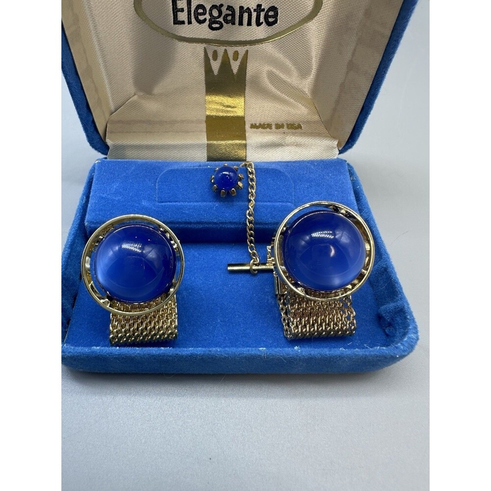 Brilliant Blue Moonglow Men’s Cuff Links & Tie Tac Set Gold Tone Mesh